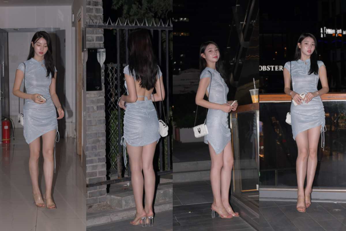 蓝色露背包臀裙美女