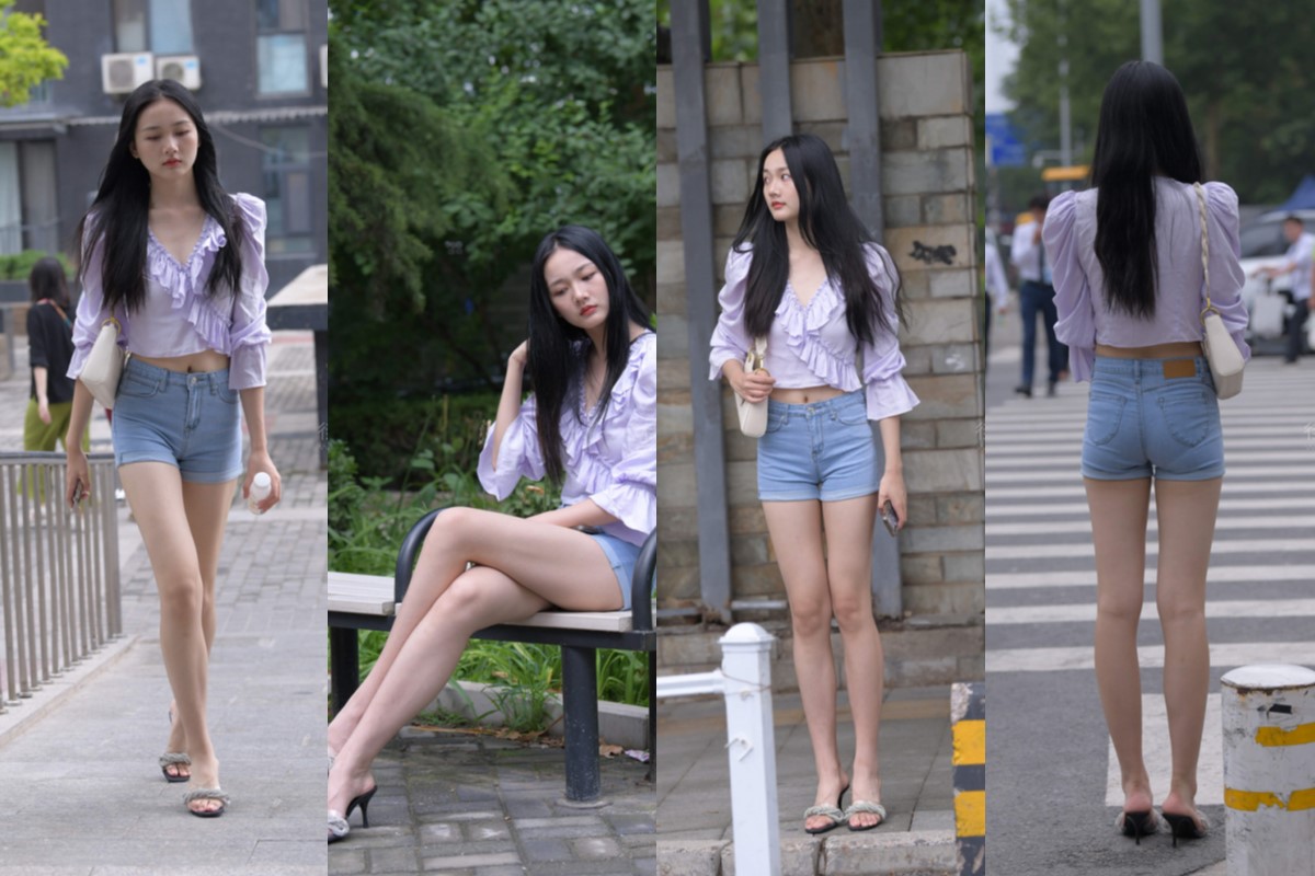 蓝色牛仔热裤长腿美女