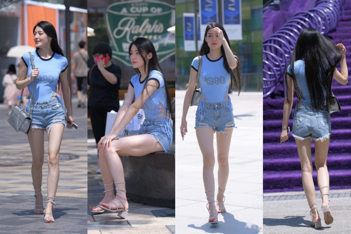 蓝色牛仔热裤美女