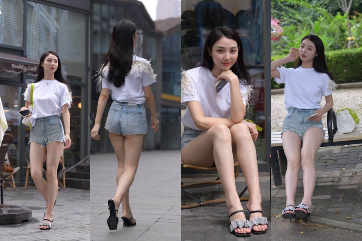 蓝色牛仔热裤美女