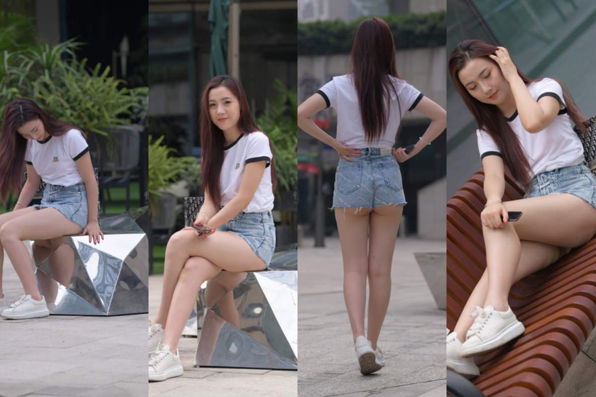 蓝色牛仔热裤美女