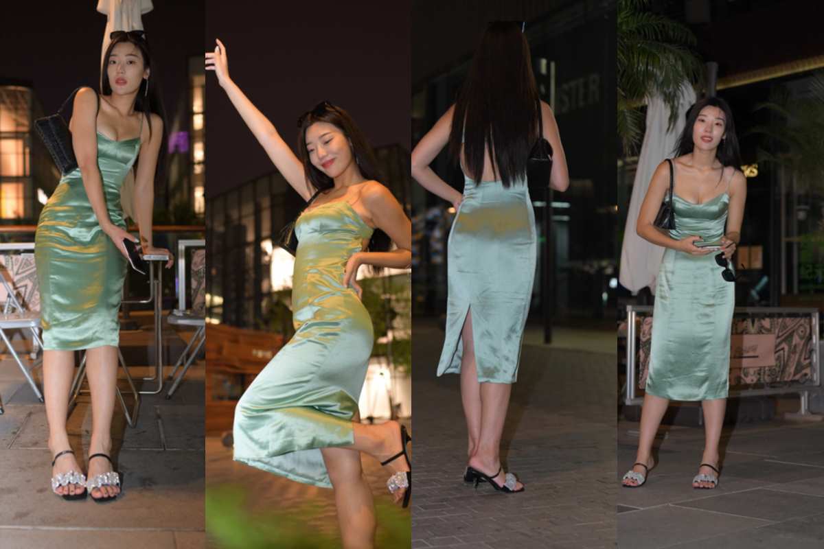 夜拍绿色长裙美女