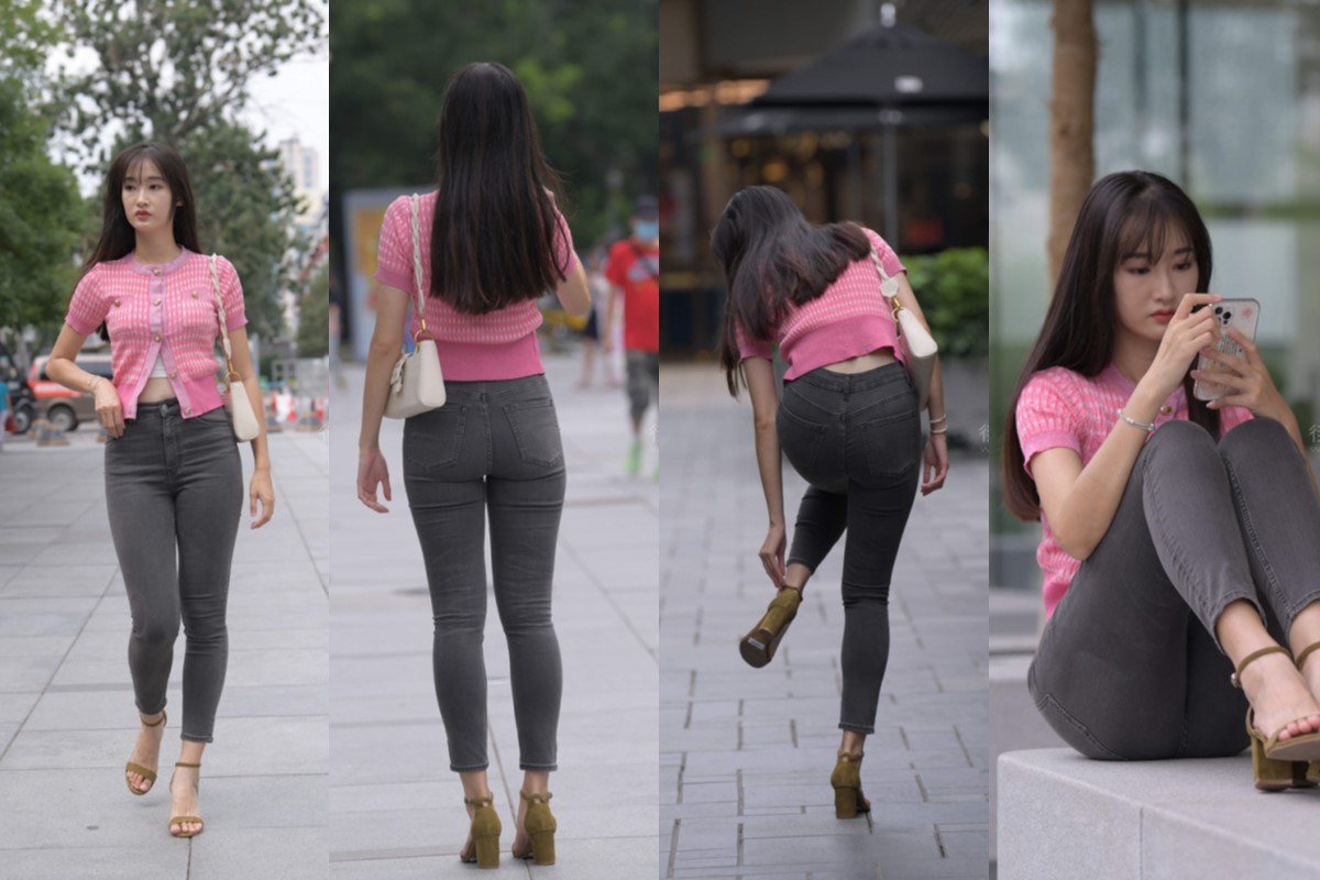 灰色牛仔裤美女