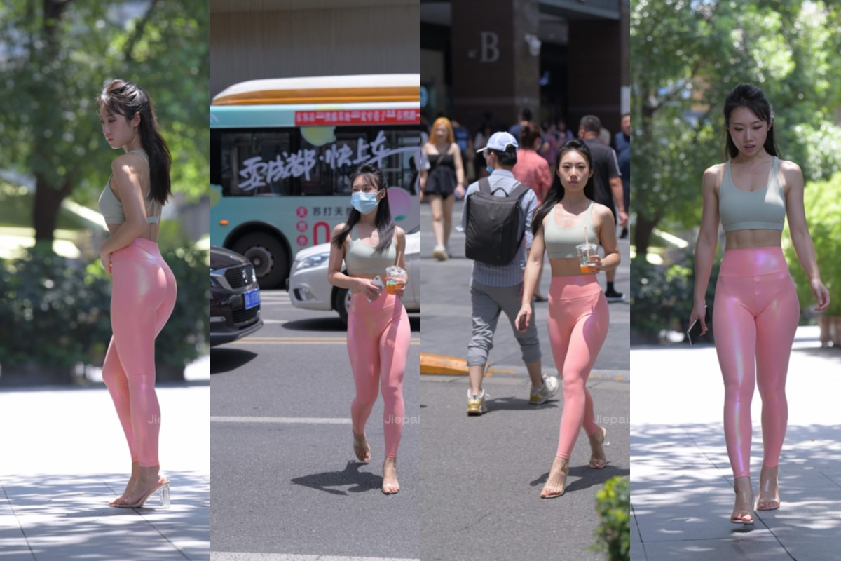 盛夏街拍作品★珍珠粉亮光紧身瑜伽裤小姐姐 【套图+视频】
