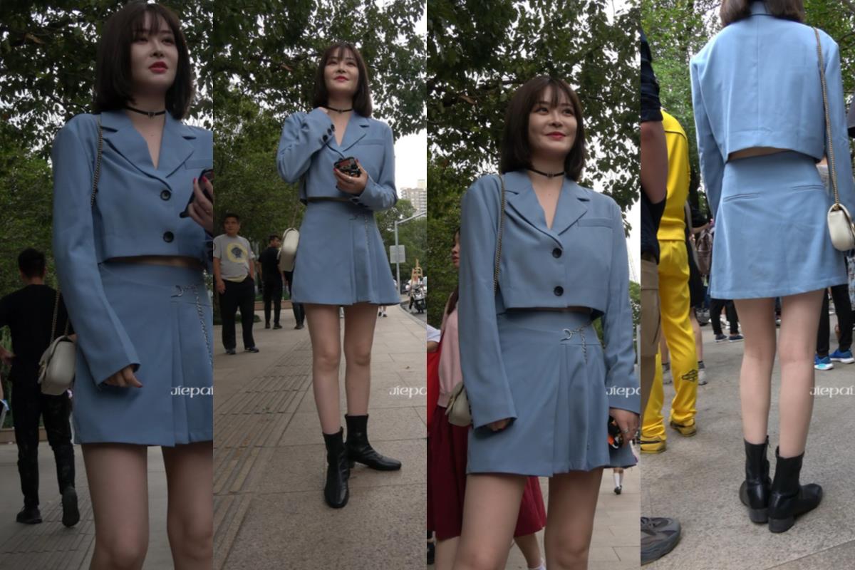 4K - 街拍蓝色小短裙街拍皮靴美眉 [515 MB/MP4]