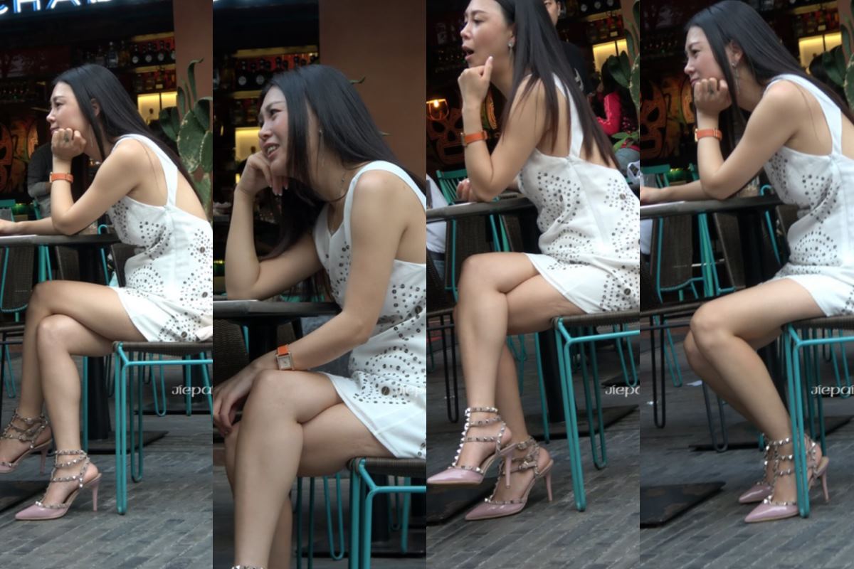 4K - 白色连衣裙高跟鞋街拍美女的下午茶 [1.11 GB/MP4]