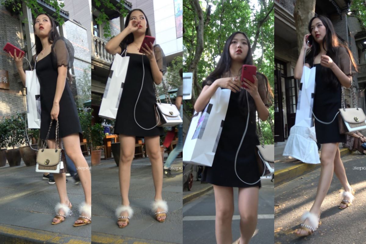 4K - 性感黑色连衣裙长腿街拍高跟街拍美女 [1.00 GB/MP4]