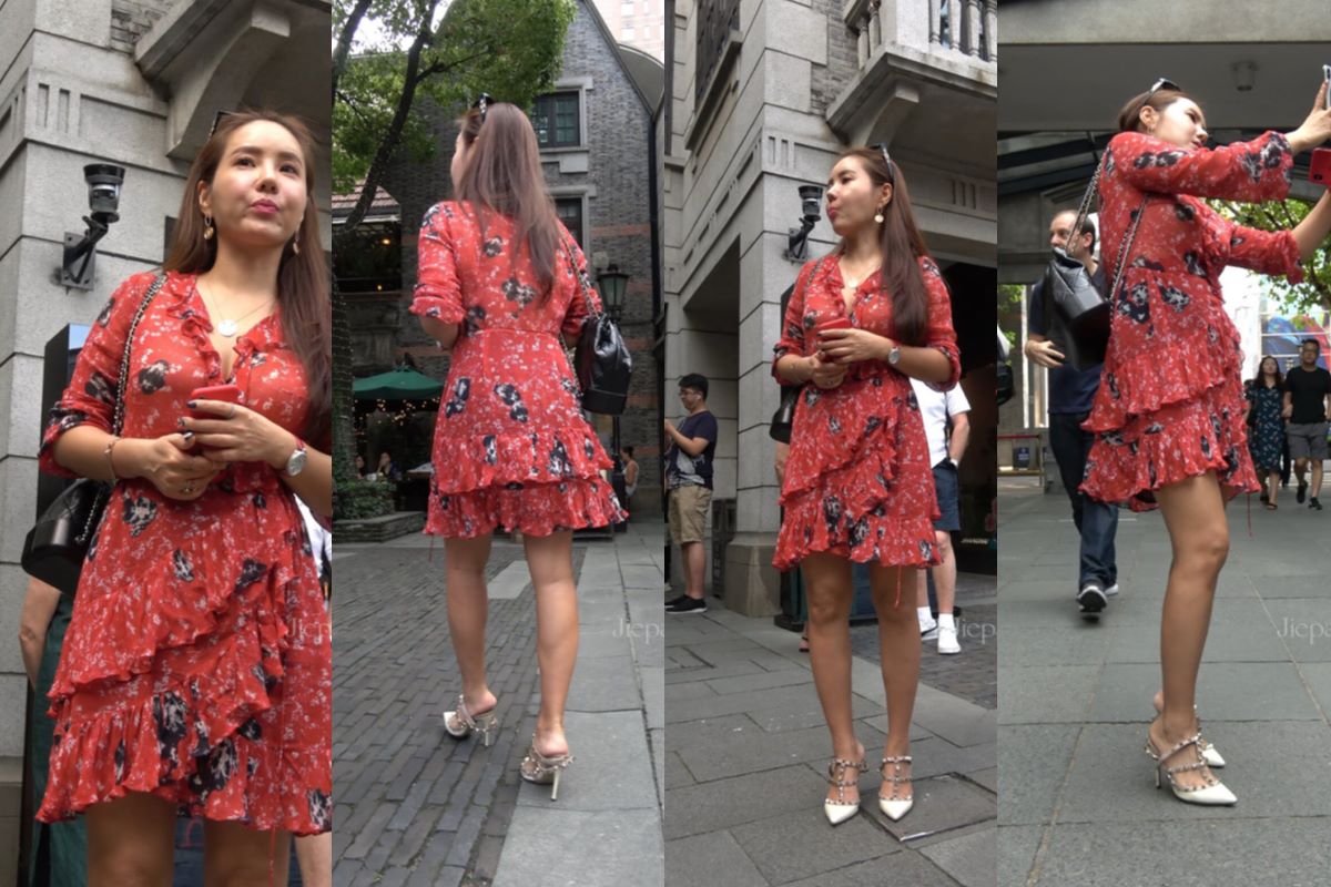 4K - 街拍深红色印花裙美女 [1.17 GB/MP4]