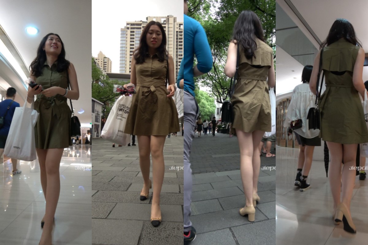4K - 街拍军绿色连衣裙高挑长腿美女 [0.97 GB/MP4]