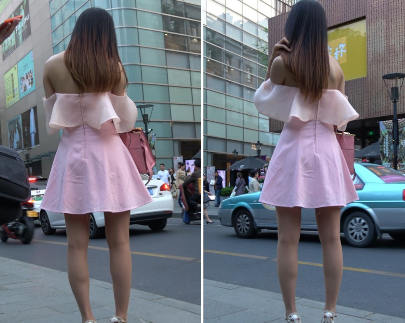 4k-街拍抹胸一字肩粉色连衣裙性感漂亮美女 [1.09 GB]