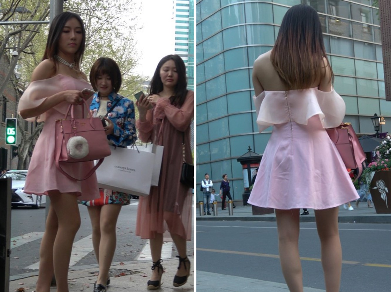 4k-街拍抹胸一字肩粉色连衣裙性感漂亮美女 [1.09 GB]