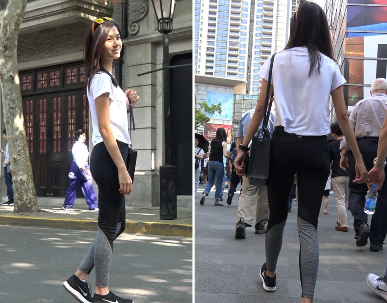 4k-黑色紧身弹力裤运动鞋白T恤街拍美女 [2.10 GB]