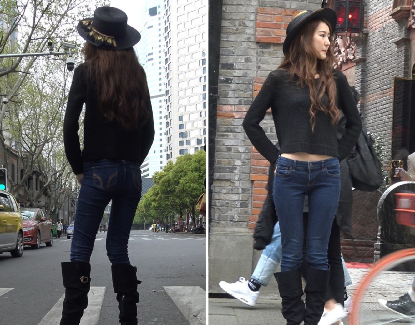 4k-蓝色牛仔裤+皮裙街拍大美女 [1.10 GB]