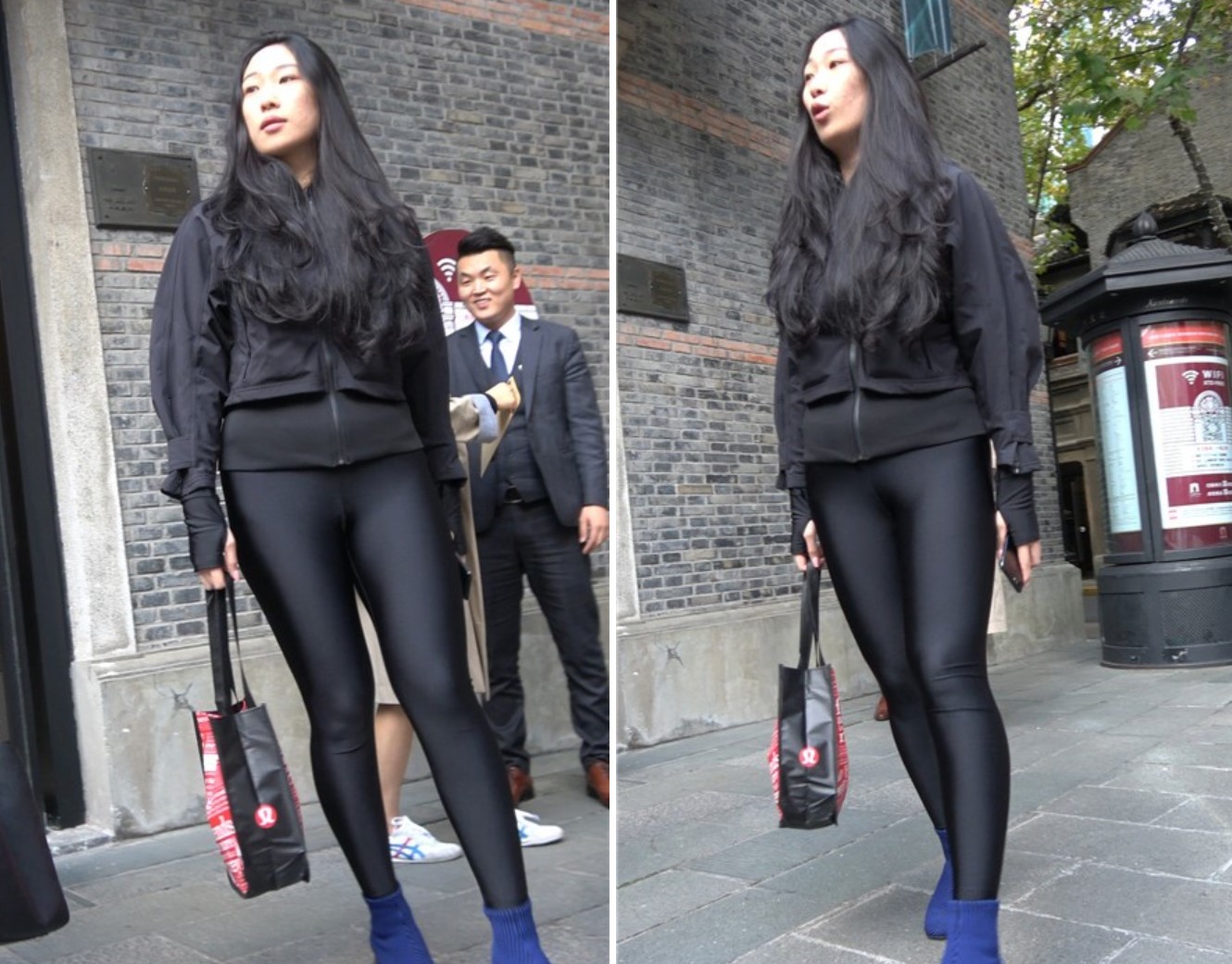 4k-黑色外套、弹力裤、蓝短靴街拍美臀美女 [1.25 GB]