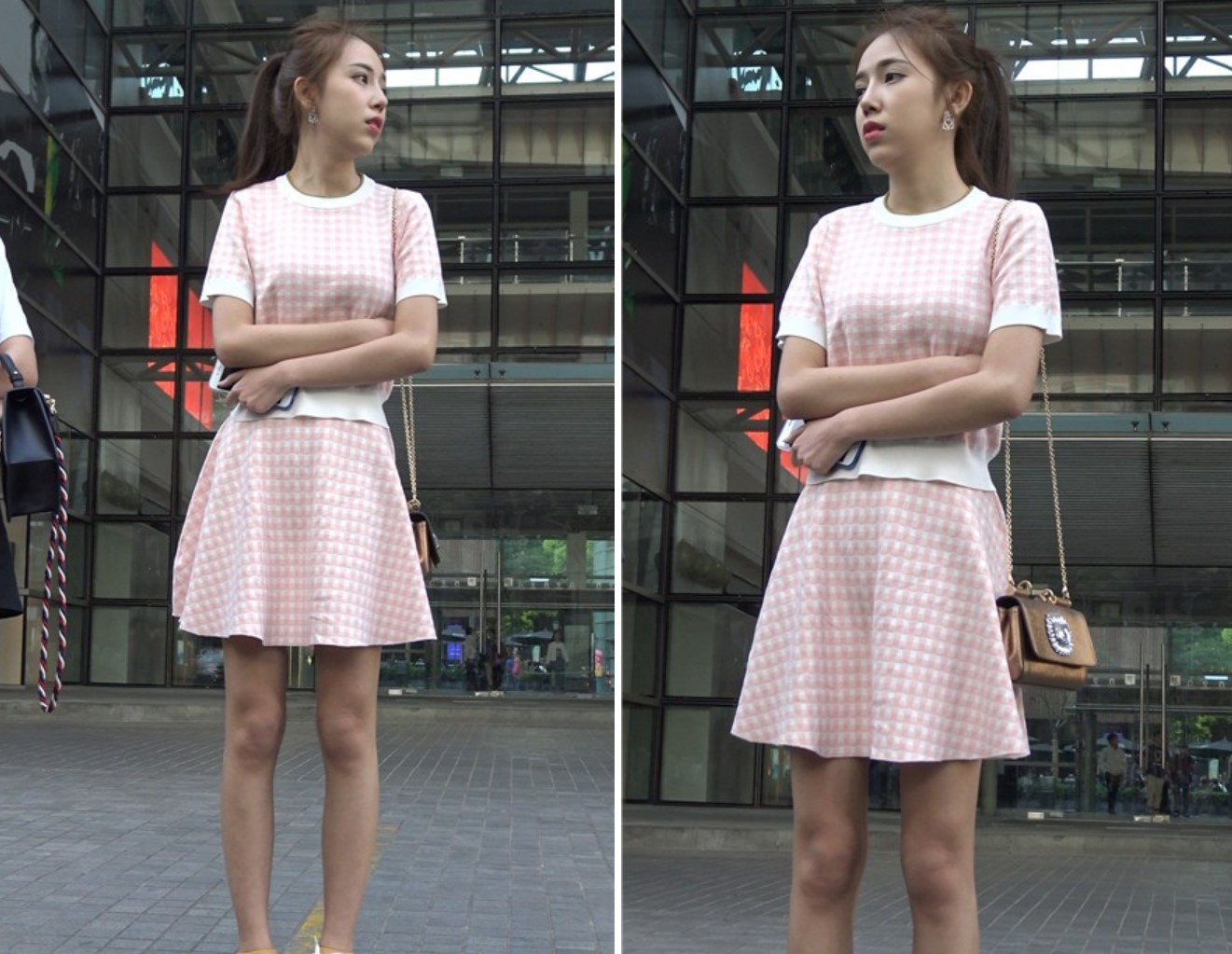 4k-粉色格子连衣裙天生丽质漂亮街拍美女 [781 MB]