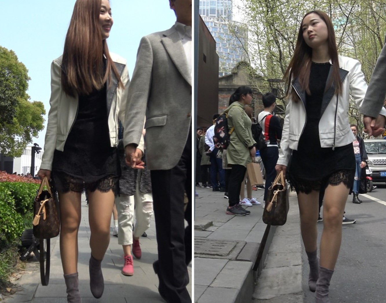 4k-黑色蕾丝连衣裙街拍美女、她们两位什么关系？[689 MB]