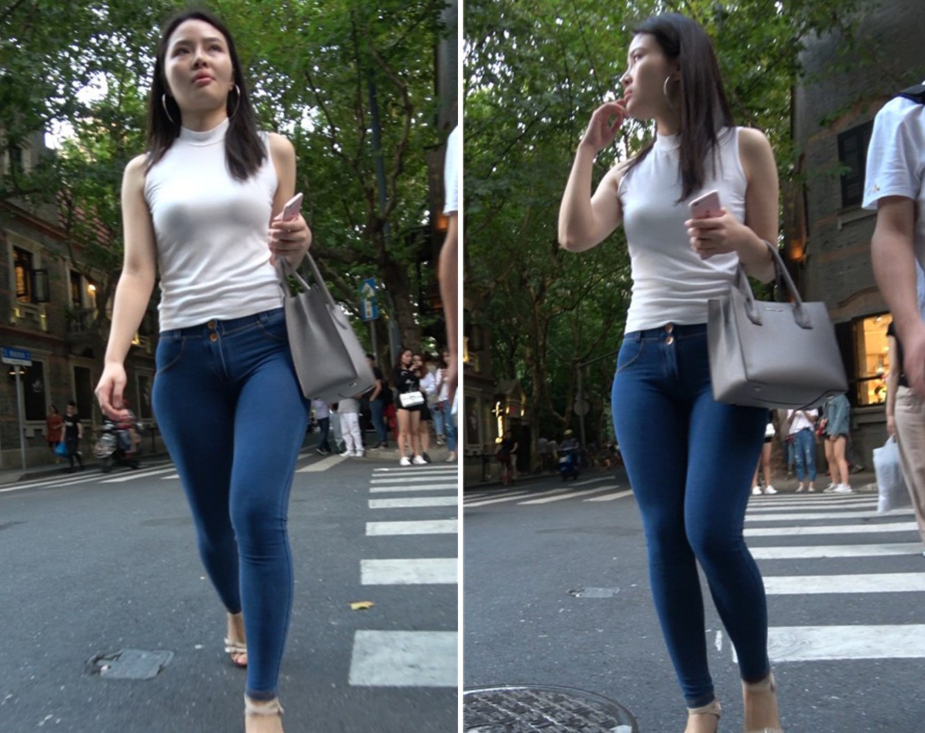 4k-紧身蓝色牛仔裤白T恤丰满街拍美女 [734 MB]