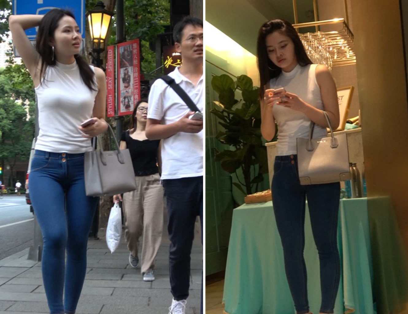 4k-紧身蓝色牛仔裤白T恤丰满街拍美女 [734 MB]