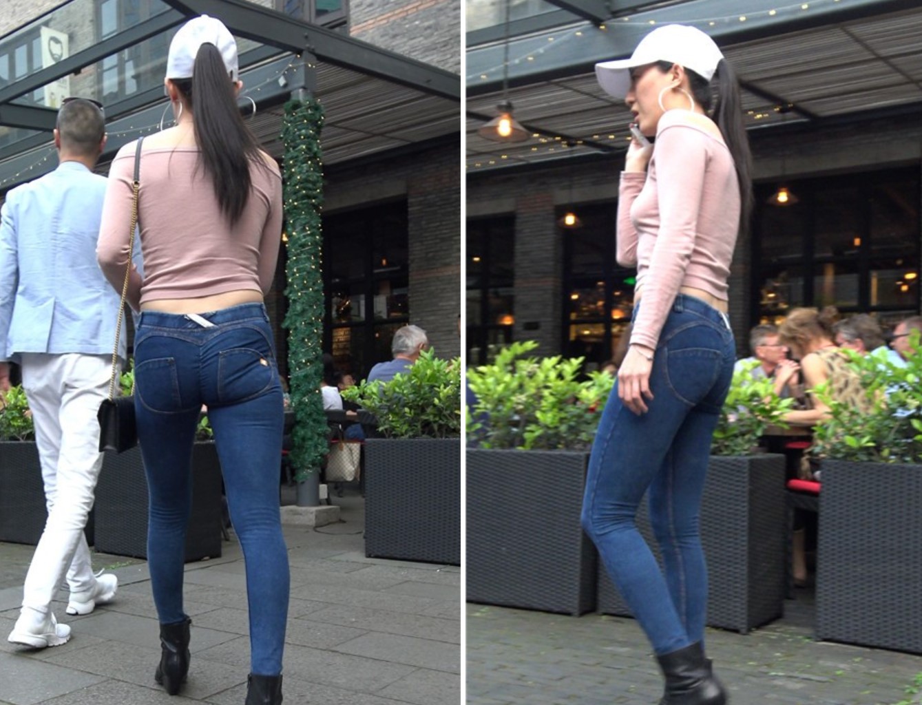 4k-极度紧绷蓝牛粉衣鸭舌帽街拍美女 [843 MB]