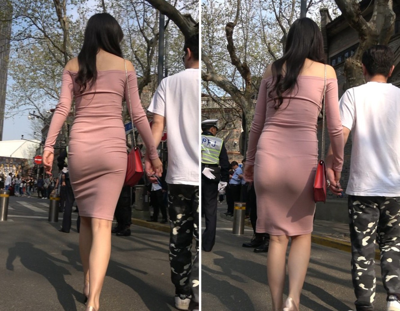 4K-超性感一字肩粉色包臀裙高跟鞋丁内街拍美女 [683 MB]