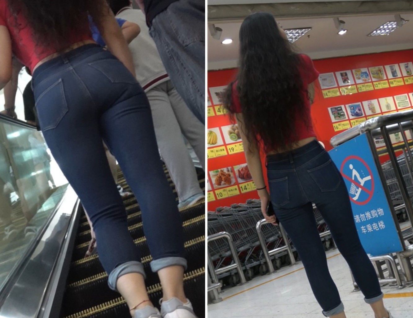 4K-红T恤曼妙小蛮腰街拍 丰臀紧身蓝牛美女 [922 MB]