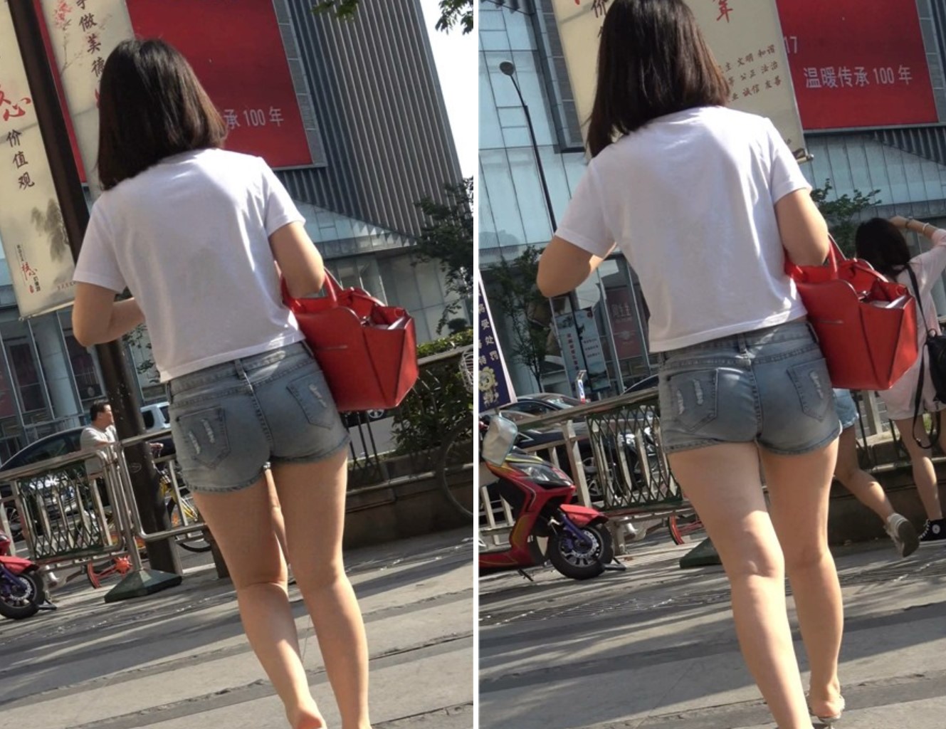 4K - 白T恤超短牛仔热裤街拍美腿漂亮美女 [493 MB]