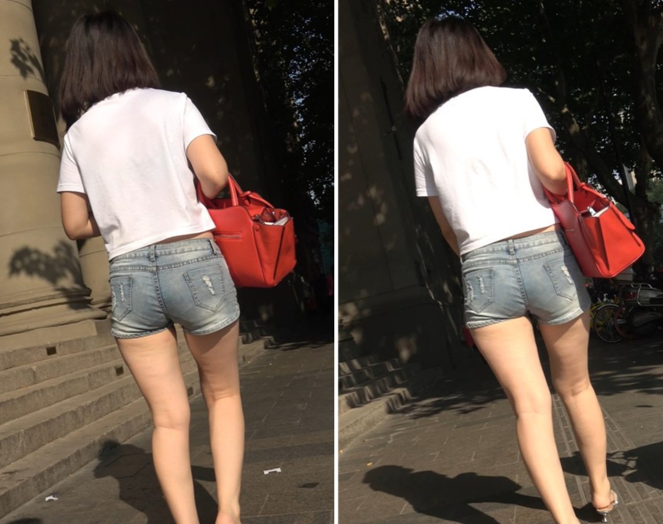 4K - 白T恤超短牛仔热裤街拍美腿漂亮美女 [493 MB]