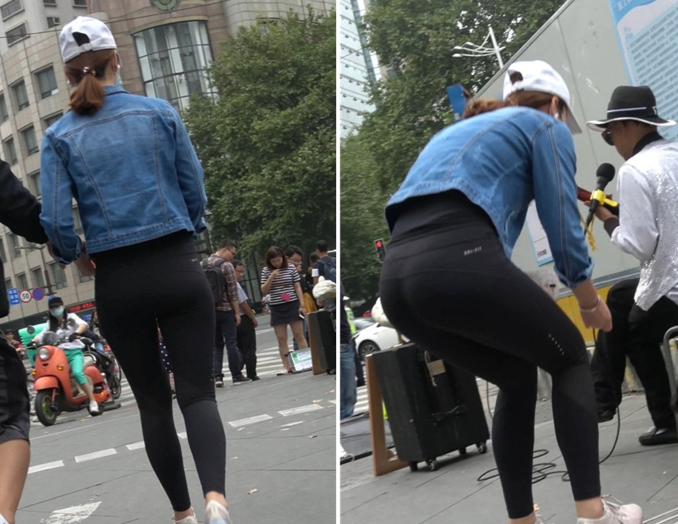 4K - 超紧身弹力裤牛仔外套街拍鸭舌帽小姐姐 [0.99 GB]