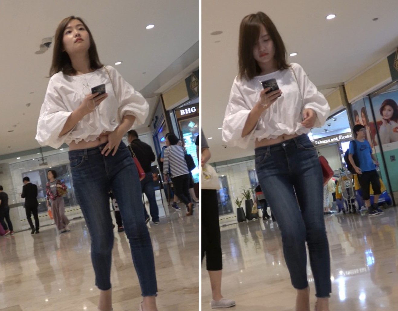 4K - 紧身蓝牛白衬衫街拍性感高跟鞋气质美女姐姐[0.98 GB]