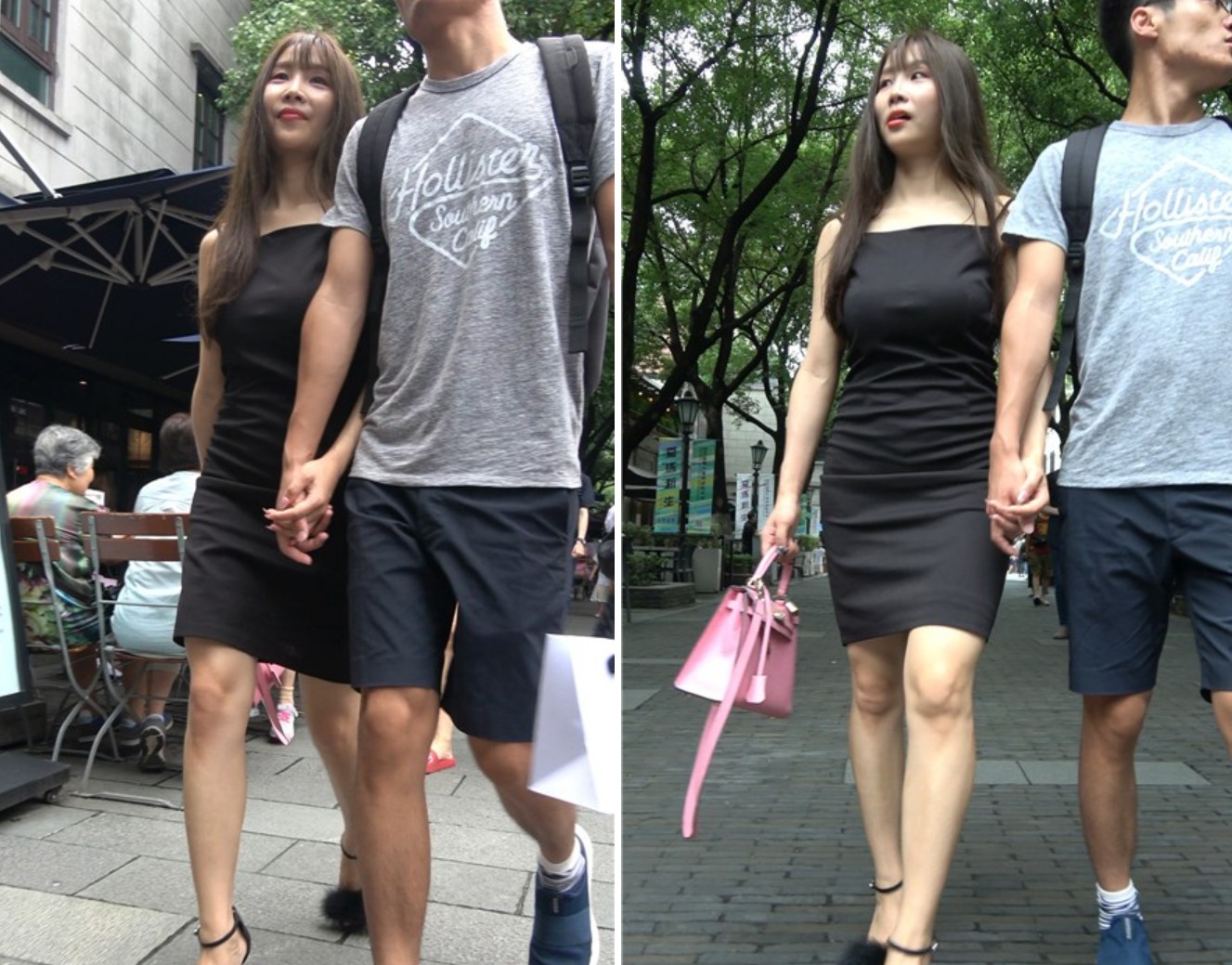 4K - 黑色吊带裙连衣裙街拍高跟美女跟男友挽手逛街[1.18 GB]