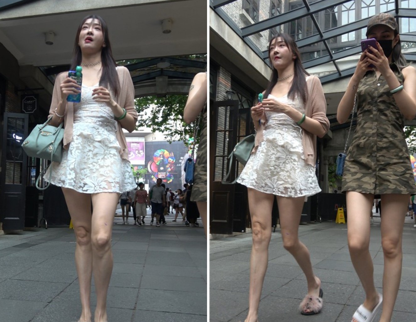 4K - 白色蕾丝V领连衣裙气质街拍美腿美女 [1.06 GB]