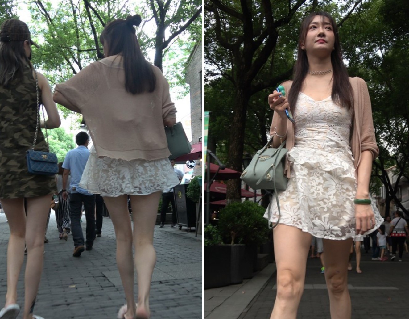 4K - 白色蕾丝V领连衣裙气质街拍美腿美女 [1.06 GB]