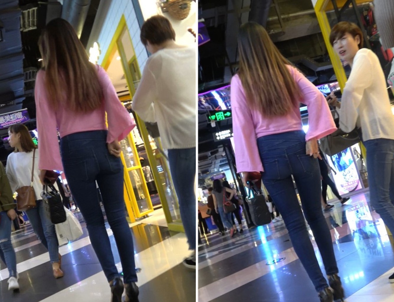 4K -粉色T恤衫紧身蓝色牛仔裤街拍极品身材高跟鞋美女[918 MB]