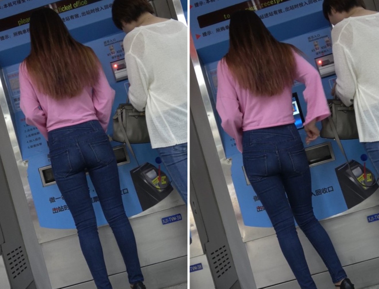 4K -粉色T恤衫紧身蓝色牛仔裤街拍极品身材高跟鞋美女[918 MB]