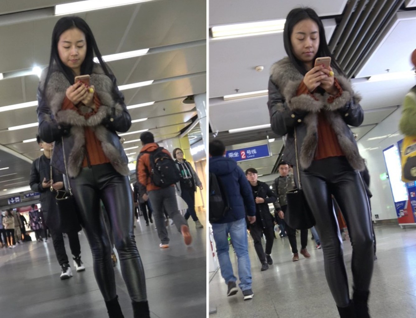 4K - 黑色紧身皮裤街拍苗条身材美臀美女 [1.32 GB]