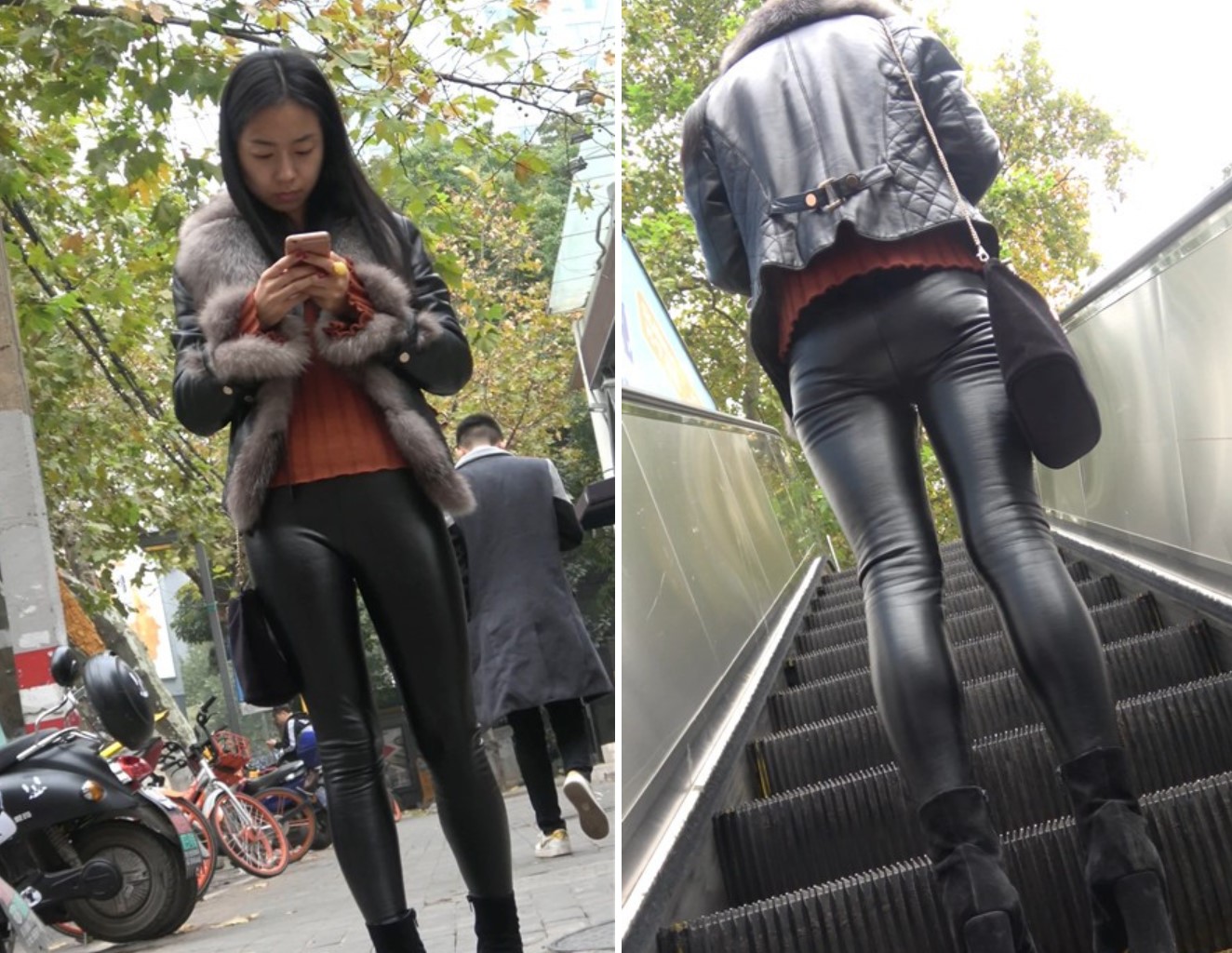 4K - 黑色紧身皮裤街拍苗条身材美臀美女 [1.32 GB]