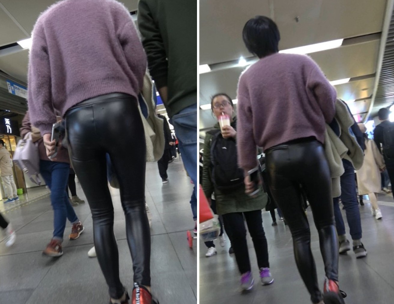 4K - 又一紧身黑色皮裤街拍丰臀短发美女 [937 MB]