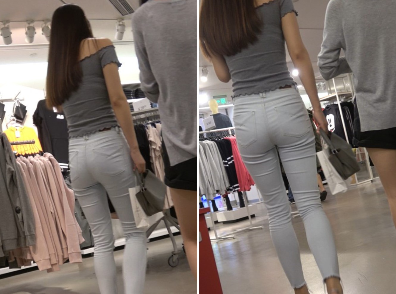 4K 仙女气质紧身裤一字肩街拍美女跟闺蜜逛商场 [880 MB]