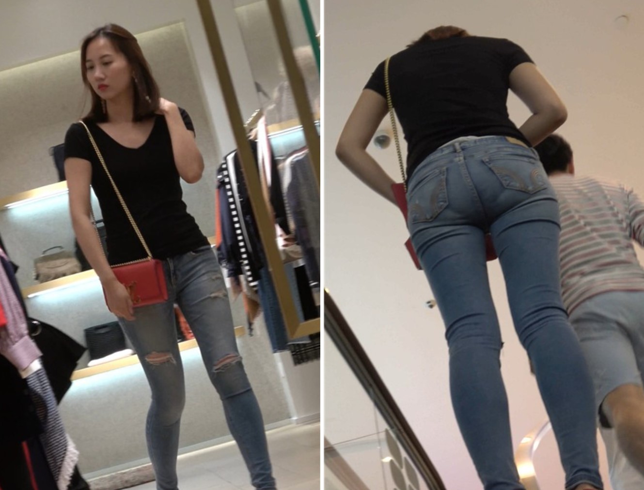 4K 黑T恤极品美腿街拍紧身蓝色牛仔裤美女 [1.15 GB]