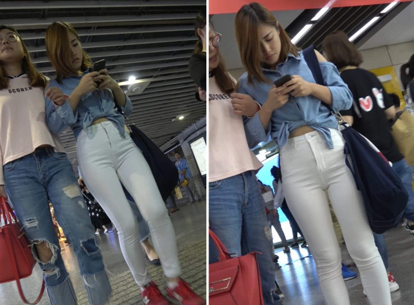 4K红色运动鞋街拍紧身白裤美臀漂亮美女小姐姐 [845 MB]