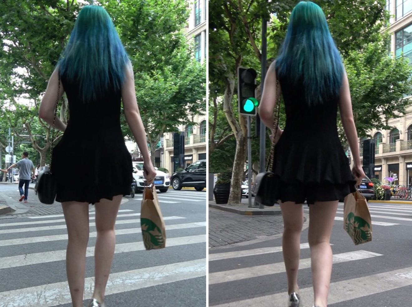 4K 银白高跟、短裙性感染发的街拍美女 [663 MB]