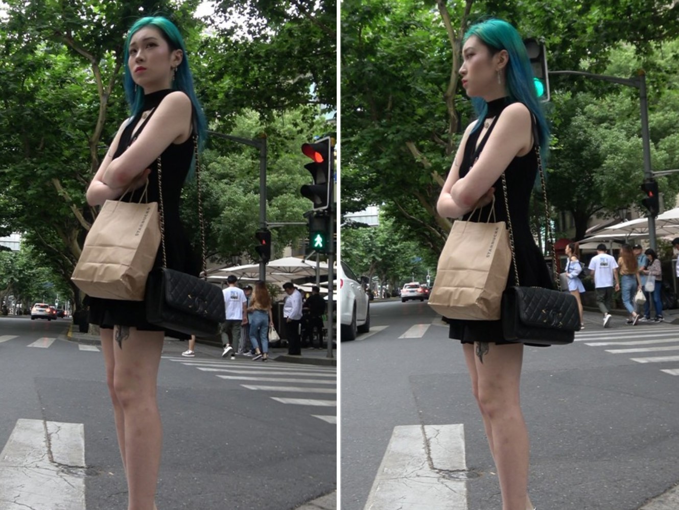 4K 银白高跟、短裙性感染发的街拍美女 [663 MB]