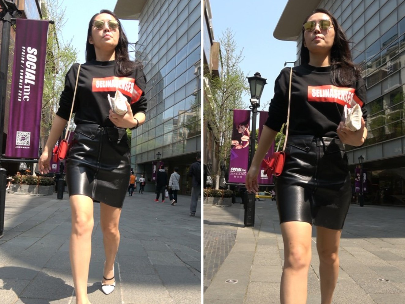 4K白色尖嘴高跟包臀皮裙墨镜街拍大美女 [1.08 GB]