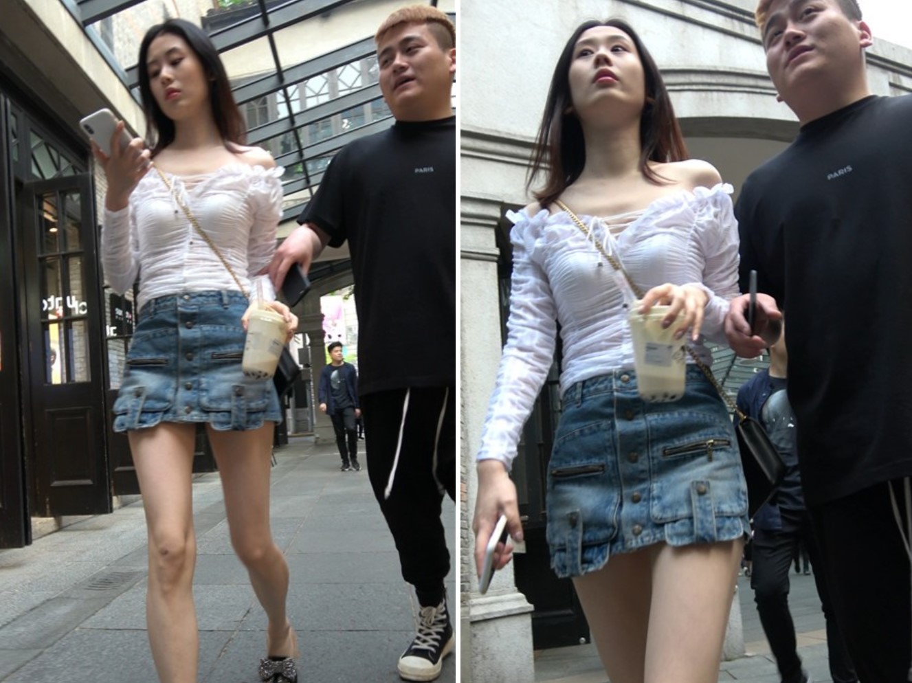 4K - 街拍紧身白衣牛仔裙气质美女 [1.71 GB]