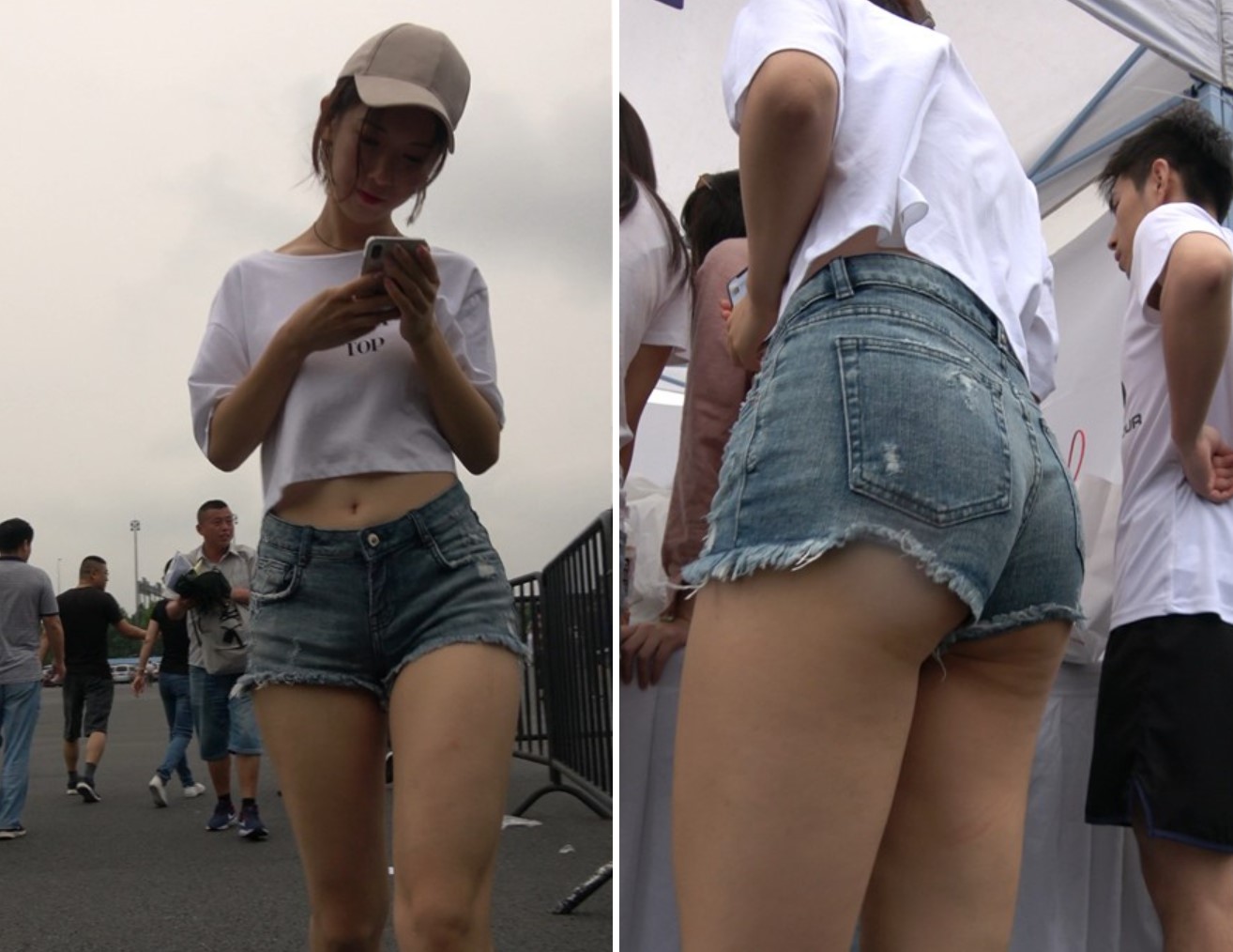 青春气息牛仔热裤白T恤街拍美女小姐姐 [801 MB]