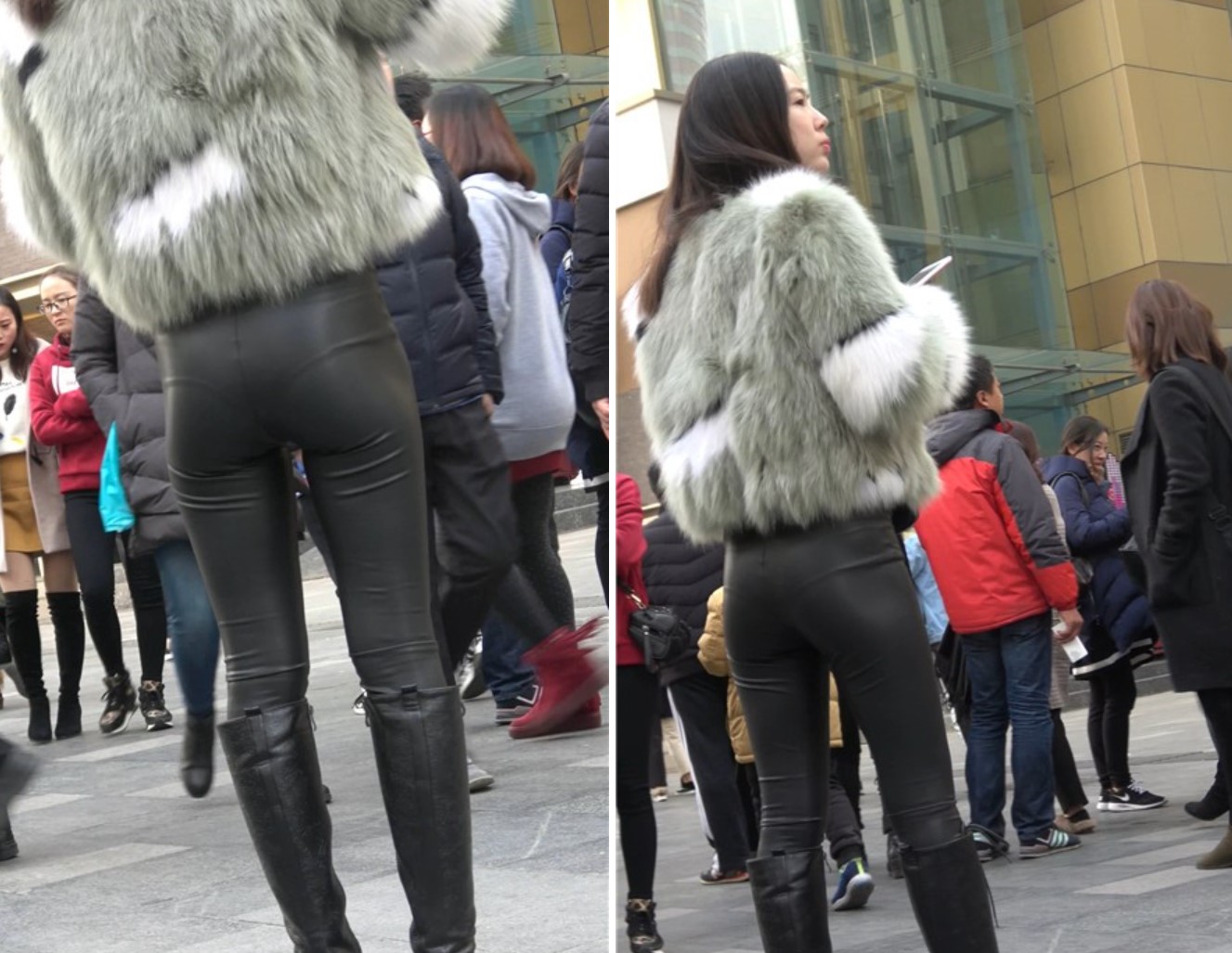 黑色皮靴街拍紧身皮裤美女 [632 MB]