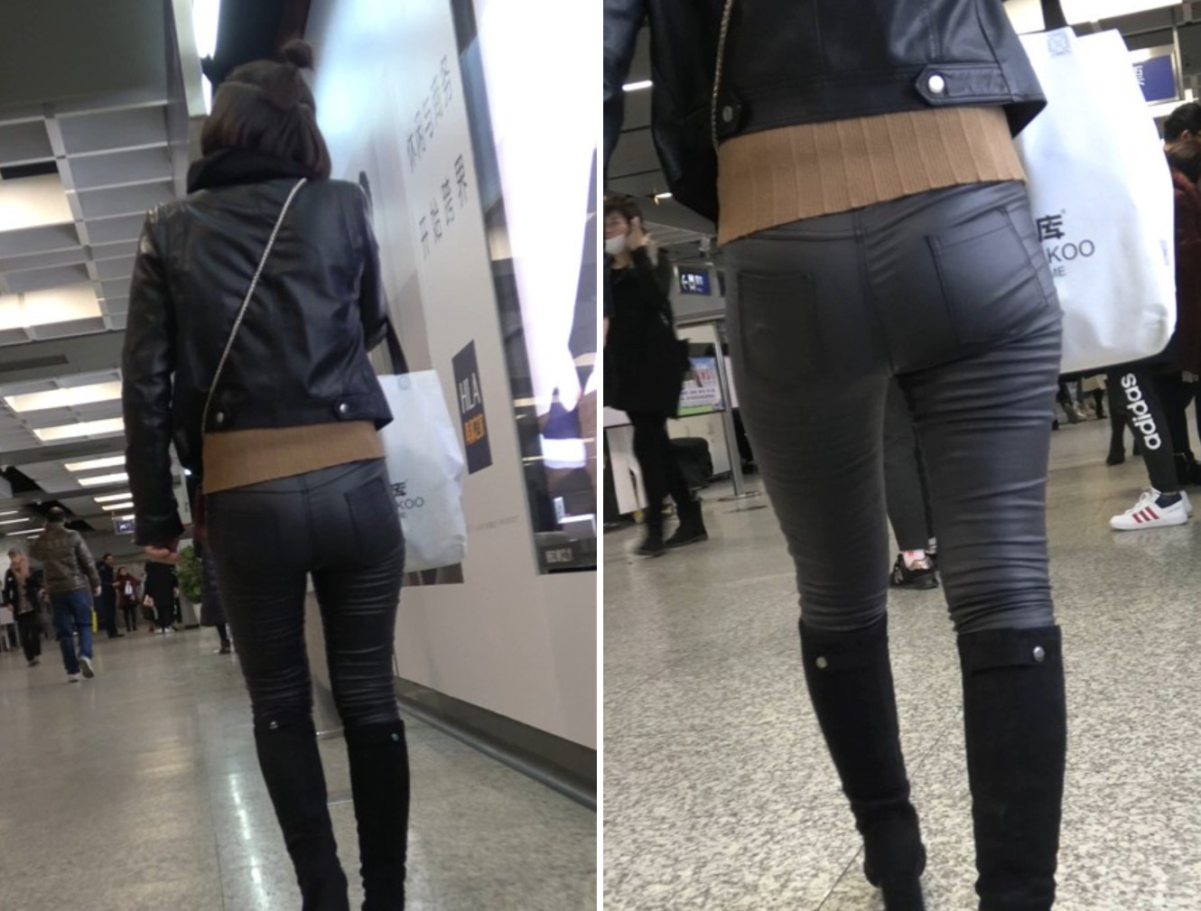 黑色皮靴街拍紧身皮裤美女 [632 MB]