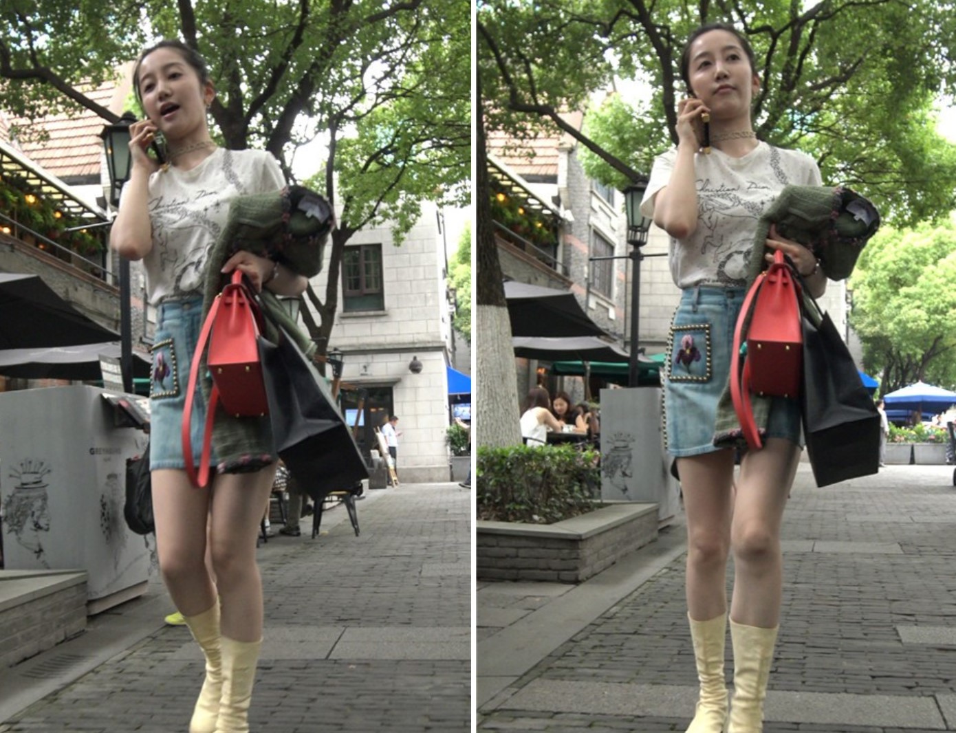 4K - 听电话的街拍牛仔裙美丽姑娘 [719 MB]