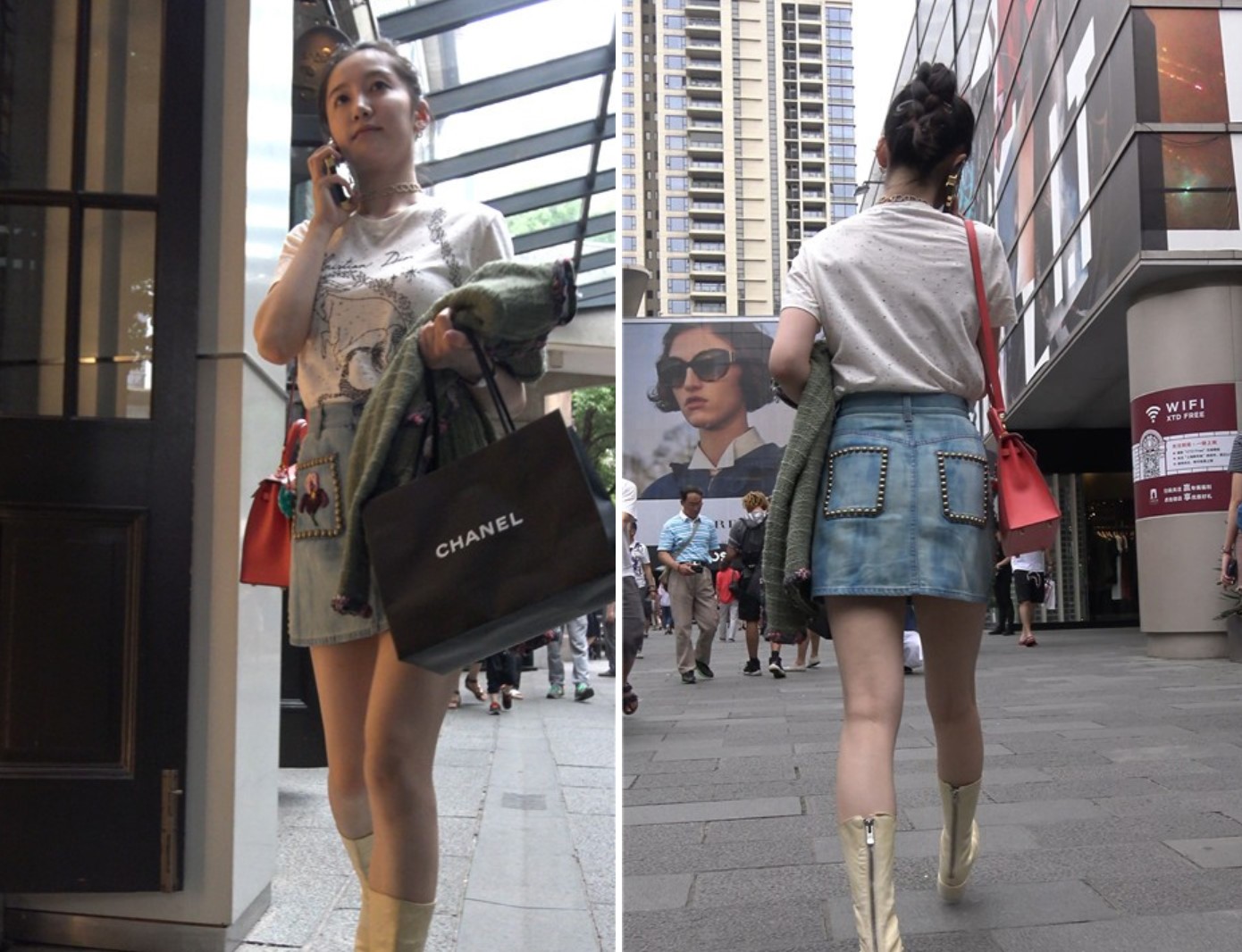 4K - 听电话的街拍牛仔裙美丽姑娘 [719 MB]