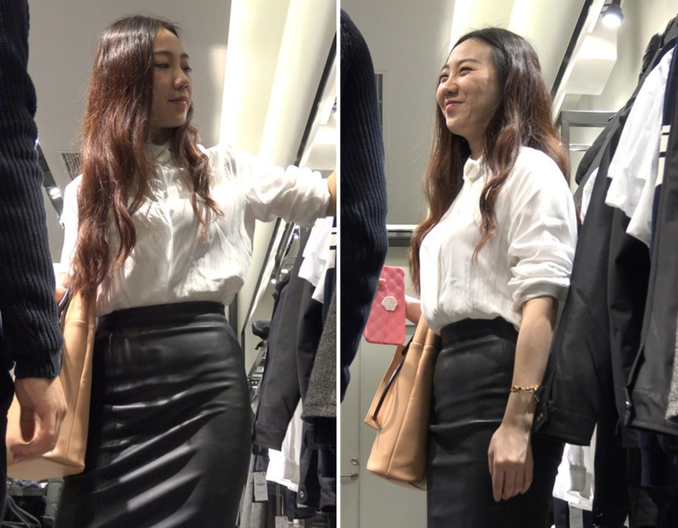 4K - 性感身材街拍皮裙白衬衫美女买衣服 [1.22 GB]